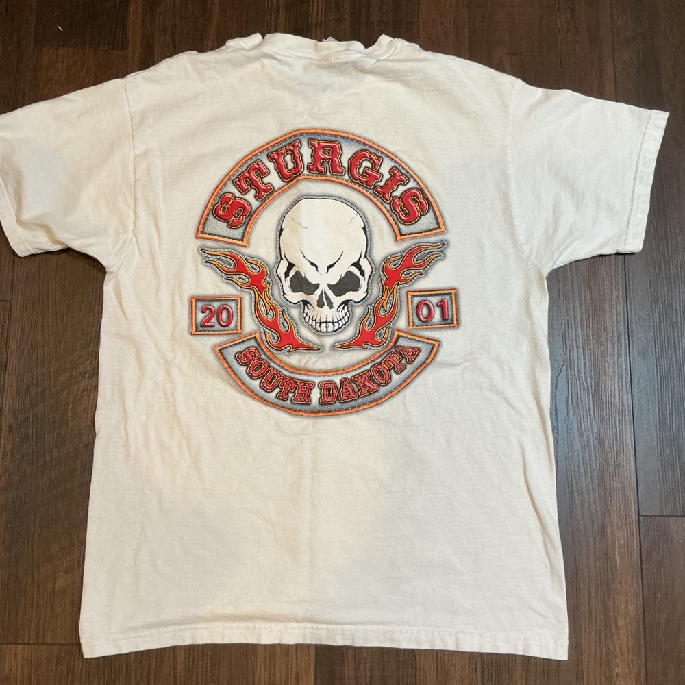 Fruit of the Loom Sturgis 2001 Graphic T-Shirt White Skull Flames Biker Tee L